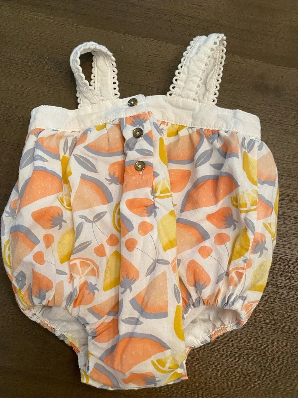 Baby Girls Fruit-Print Bubble Romper in Peach, Yellow & Gray